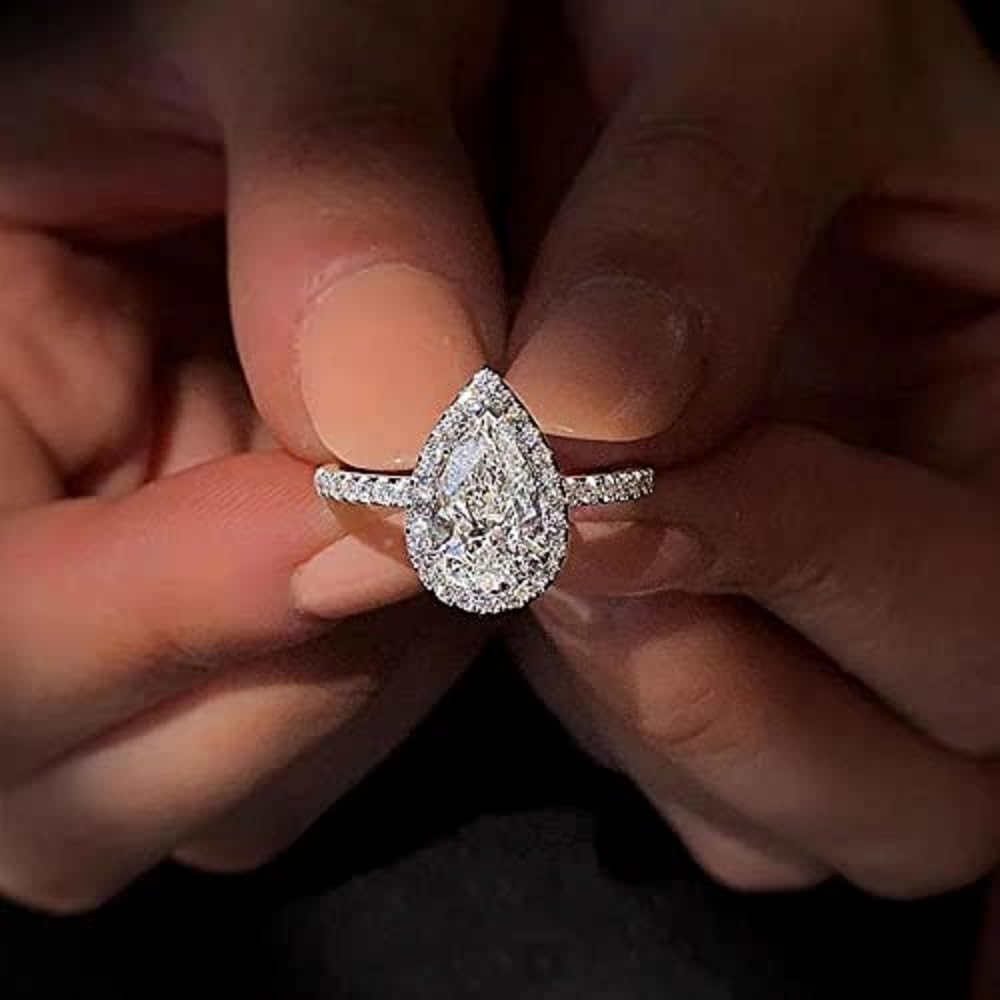 Women's Fashion 925 Silver Wedding Ring With Pear Cut Cubic Zirconia - Sizes 6-10
