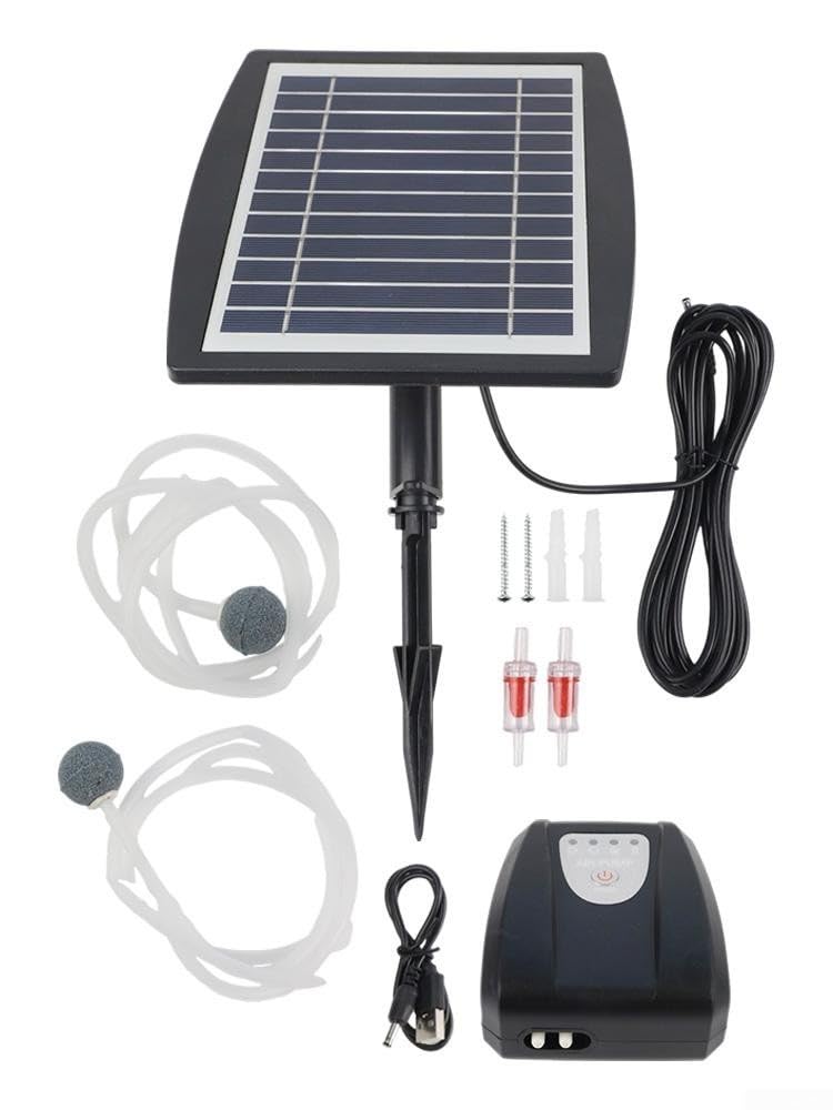 Feegow Oxygène solaire 3 W pour bassins de jardin et aquariums intérieurs - Autonomie de 14 heures - Aération silencieuse, double charge (solaire/USB), boîtier ABS (Noir 3 W 2600)