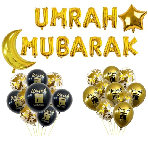 23Pcs Umrah Mubarak Balloons Set Umrah Mubarak Decoration Ramadan Decorations for Home Black Gold Ramadan Party Decorations Moon Star Hanging Party Decoration Suitable for ages 15 and above