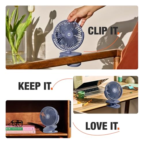 Image of Orient Electric Orbis Rechargeable Personal Fan | 360 Rotation | 1800 mAh Battery | 4 Speed Modes with Timer | Quiet Operation | USB Type-C Charging | Clip-On Mini Fan | Dusk Blue