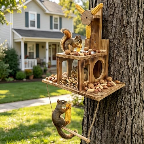 Lnncdsc Multifunctional Squirrel Feeder with Spinner Corn Cob Holder (3 Ears) Hanging Perch Peanut Feeder Wooden Squirrel House for Outdoors Funny Garden Gift for Nature Lovers & Gardeners