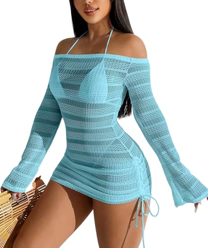 Image of ZAFUL Womens Swimsuit Cover Up Dress Off Shoulder Hollow Coverup Bathing Suit Mesh Swim Beach Dress