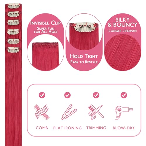 Image of WENNALIFE Red Clip in Hair Extensions Real Human Hair 35g 6pcs 14 Inch Colored Hair Extensions for Kids Women Colorful Hair Pieces Pop-up Style Straight Extensiones De Cabello Humano Con Clip
