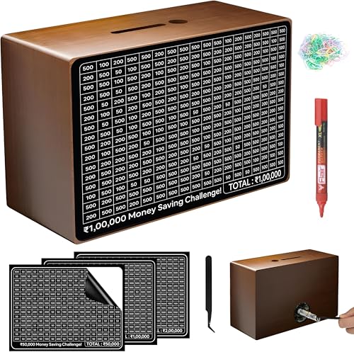 Image of Farmical Wooden Money Saving Box, Piggy Bank for Adults & Kids, Cash Savings Box for ₹50000 ₹100000 ₹200000 with Counter, Hundial Saving Challenge with Pen & Tweezers