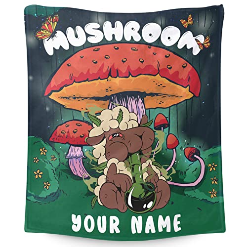 Custom Mushroom Cannabis Weed Throw Blanket with Name - 80x60 Inches Twin Size Blanket for Women, Men - Soft Plush Blankets for Bed, Couch, Sofa - Black Fuzzy Throws Gifts