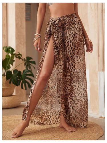 WDIRARA Women's Leopard Print Sheer Wrap Beach Long Skirt Sarong Chiffon Cover Ups Skirt3
