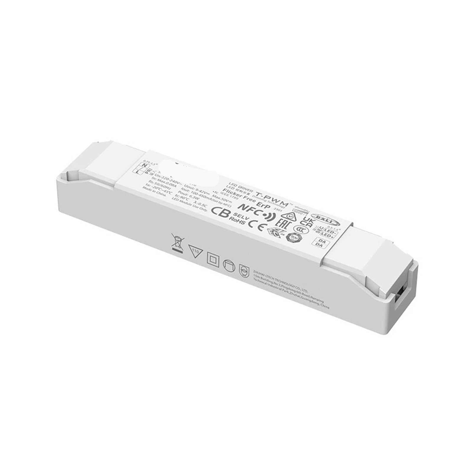 Transformateur LED sans scintillement Dali-2 6W 100-450mA NFC avec gradation T-PWM ultra précise