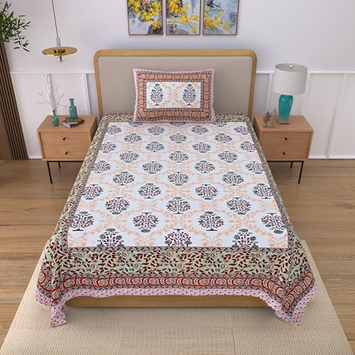 Image of 100% Cotton Single Bedsheet with 1 Pillow Cover | 240 TC Pure Cotton Flat Bed Sheet | Traditional Jaipuri Printed Bedding Set | Soft & Breathable | 60 x 90 Inch (Rangmahal Single 41)