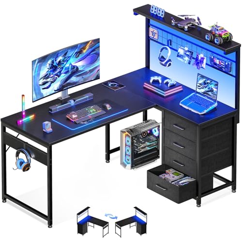 MOTPK 43” L Shaped Gaming Desk for Small Rooms, Compact Corner Computer Table with Shelf & Hutch, 4 Drawers, Reversible Study Desk with LED Light, Home Office Table, Black