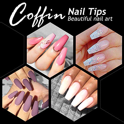 Coffin Fake Nails, iBealous False Nail Full Cover Clear Ballerina 500 Pcs Acrylic Nail Tips with Case, 10 Sizes