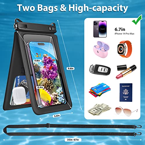 Shanshui Waterproof Phone Pouch, 2 Pcs Double Space Large Wateterproof Phone Bag Holder With Crossbody Lanyard Compatible For Iphone And All Smartphones Premium Tpu Dry Bag For Vacation - Black #TOP1