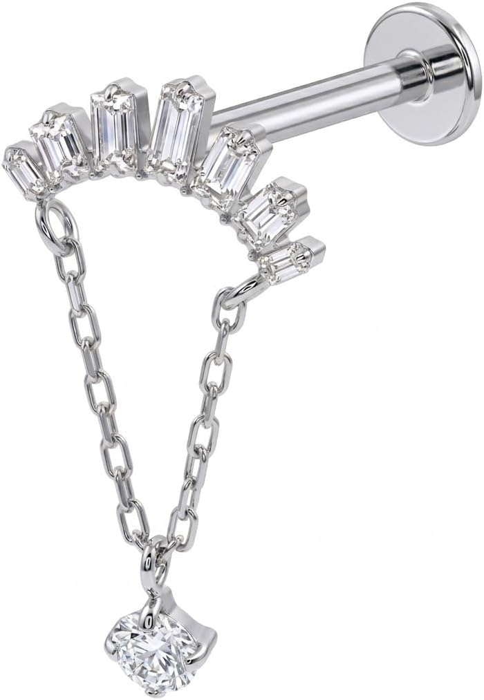 G23 Grade Titanium Fan Arc and Round Cz Stones with Double Chain Dangling Threadless Tragus Labret Piercing Jewelry