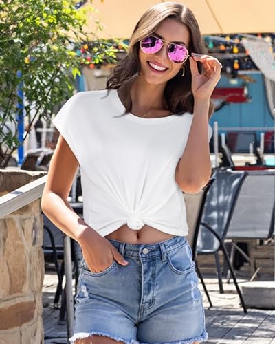 Summer Short Sleeve Crop Tops Womens Crewneck Roll Cap Sleeve T Shirts Loose Fit Basic Tees2