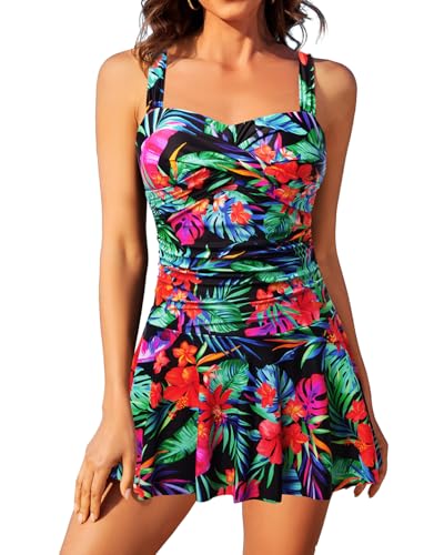 Image of Aqua Eve One Piece Swim Dress Tummy Control Swimsuit with Skirt Modest Bathing Suit Vintage Swimdress