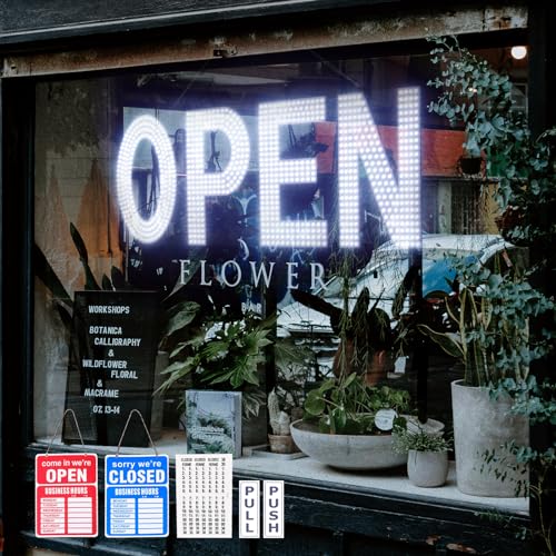 Image of LED Open Signs for Business, 40 inchx14 inch Dimmable Large LED Open Light Up Sign with Hanging Installation for Salon Gym Cafes Store Office Bar Hotel Pubs (Cold White)