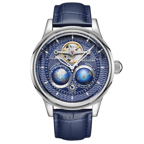 Image of SEAKOSS Luxury Automatic Mechanical Watch for Men, 47mm Skeleton Dress Watch with Dual Hemisphere Dial, Self Winding Movement, Genuine Leather Strap, 5ATM Waterproof