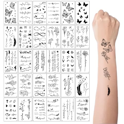 YAZWUR 30 feuilles Tatouages Temporaires, Fleurs, Papillons, Ailes Coquillage, Faux Tatouages Noirs pour Femmes, Filles et Enfants, Tatouage Ephemere 3D Imperméable,...