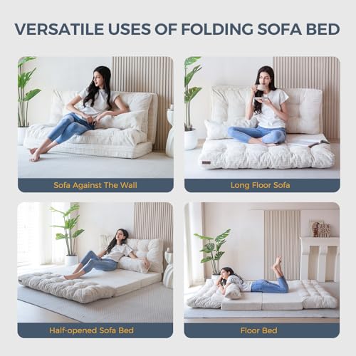 Image of MAXYOYO Folding Sofa Bed, Tufted Bean Bag Bed with Pillows Floor Couch for Adults, Extra Thick and Long Floor Sofa, Twin Floor Couch Bed for Bedroom Living Room, Beige, 39x91 Inch