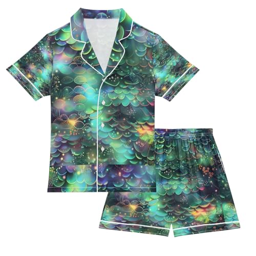 senya Glowing Fish Scales A Satin Summer Pajama Sets Silk Short Sleeve Button Down Sleepwear