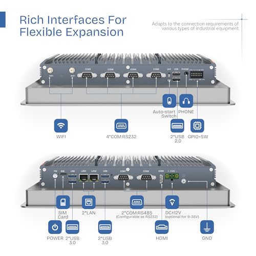 Image of 12.1 inch Industrial Embedded Panel PC, IP65 Fanless Touch All in One Computer, Windows 11 Pro, Auto Power-on, 2xLAN,HDMI,6xUSB,2xRS485,4xRS232 (I3-10110U, 16GB RAM 256GB SSD)
