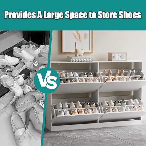 Image of Xixini Shoe Storage Cabinet for Entryway with 4 Flip Drawers, Sturdy Wood Hidden Shoe Storage, Freestanding Narrow Slim Shoe Organizer for Front Door Entrance, Living Room, Hallway, Bedroom, White