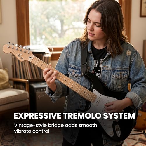 Image of Fender Squier Sonic Stratocaster Left-Handed - Black Bundle with Mustang Micro Headphone Amp, Cable, Tuner, Strap, Picks, and Austin Bazaar Instructional DVD