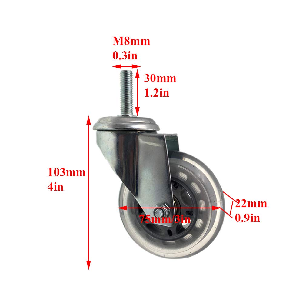 3" Ruedas para Silla Oficina,Rueda Giratoria para Muebles(5 Piezas),Varilla Roscada M8/M10/M12mm,Ruedas de Repuesto Resistente al Desgaste,Silencioso