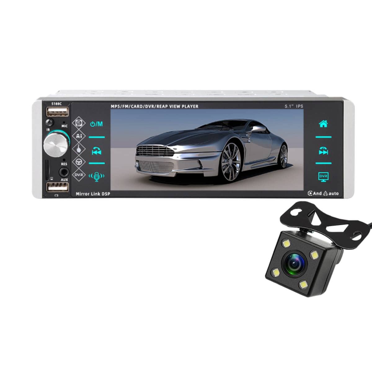 1 DIN 5.1 Pollici Autoradio Bluetooth IPS Touch Screen Capacitivo Car Stereo Supporto Mirrorlink AI Voice Assistant RDS AM FM 4-USB + 4LED Fotocamera
