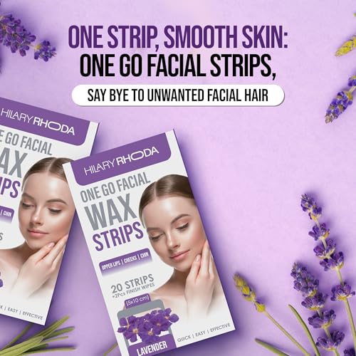 Image of Hilary Rhoda Women One Go Facial Wax Strips | Lavender Extract | Ready-to-Use for Upper Lip, Chin & Cheeks | Hair Removal Strips with 2 Wipes | Painless, Quick & Gentle Waxing | 20 Strips