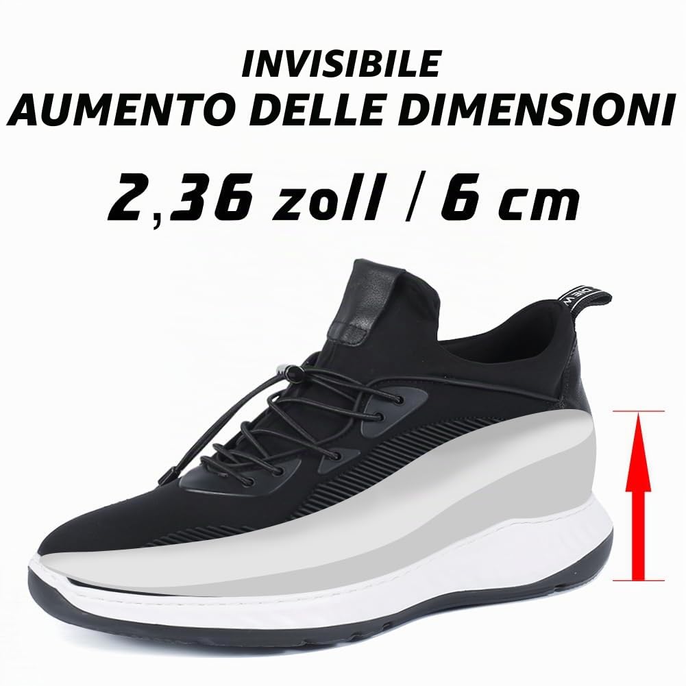 CHAMARIPA Scarpe Rialzate Uomo 6 cm Aumento Altezza Invisibile, Sneaker con Lacci Elastici a Punta Tonda in Tessuto/Pelle Morbida Nera 42EU