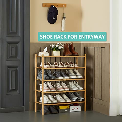 Image of Shoe Rack Organizer for Closet Entryway, 5 Tier Bamboo Shoe Shelf, Small & Stackable Shoe Rack, 2 Tier + 3 Tier Shoe Rack, Tall Shoe Storage, D11 * W27.2 * H32.7 Inches, Natural
