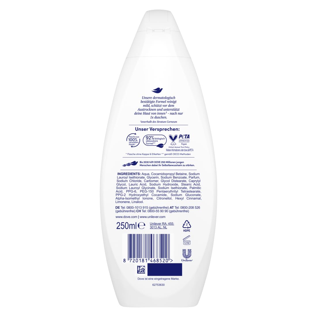 Dove żel pod prysznic, aksamitny, miękki, pielęgnujący żel pod prysznic z dermatologicznie potwierdzoną formułą dla bardziej miękkiej i gładkiej skóry, 250 ml