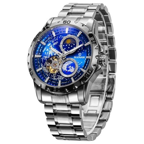 GLENAW Automatic Watches for Men, Rotating Earth Multifunctional Men's Mechanical Watch Starry Sky Dial Steel Band Stopwatch Sun Moon Stars Automatic Men's Watch (8950-Silver Blue)