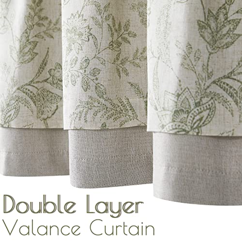 TOPICK Floral Kitchen Curtains Small Cafe Curtains Blackout Double Layer Curtain Valance for Sink Living Room Cupboard Rod pocket 1 Panel Green on Beige 18 Inch Drop - Image 3