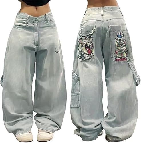 Baggy Jeans Y2k Goth Pants Women Men Hip Hop Street Jeans with Skeleton Print Vintage High Waist Denim Wide Leg Pants Wear