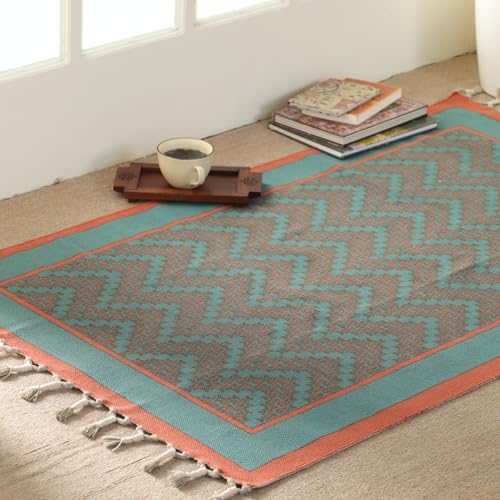 Image of Peepul Tree Handmade Pure Cotton Rug for Living Room | Multipurpose Carpet for Hall, Bed Room and Corridor | Floor Rugs | Sustainable Dhurrie Rugs | 3x5ft | Teal and Coral | Chintz Collection