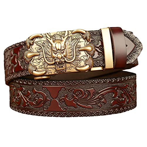 Men's Leather Ratchet Dress Belt - Dragon Gold Buckle Western Floral Print Brown Strap