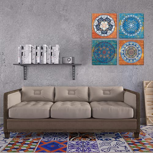 Mandala Canvas Prints Wall Art Boho Indian Décor 4 Pieces Vibrant Blue Flower Painting Pictures Vintage Artwork For Living Room Bedroom Bathroom 12"X12" #TOP3