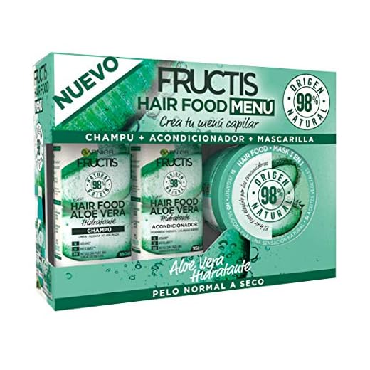 Garnier Fructis Pack Champú + Acondicionador + Mascarilla para Pelo Normal a Seco, con Aloe Vera Hidratante, Limpia, Suaviza y Nutre, Cabello Suave y Sin Apelmazar, Hair Food, Set de 3 Productos