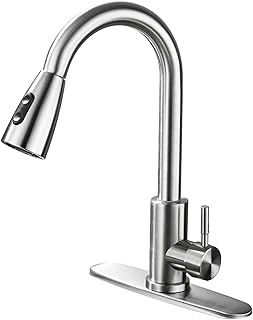 Kitchen Faucet with Pull Down Sprayer,Stainless Steel Brushed Nickel Kitchen Sink Faucet with Deck Plate, Single Handle Lead-Free Swan Neck Kitchen Sink tap, 360 Swivel & Spring Spout Pull Out Bar Tap