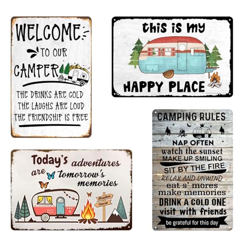 4pcs Camping Signs Decor Vintage Camping Metal Tin Signs Campers Rv Decorations Outside Camper Camping Rules Sign For Travel Trailer Wall Art Decor