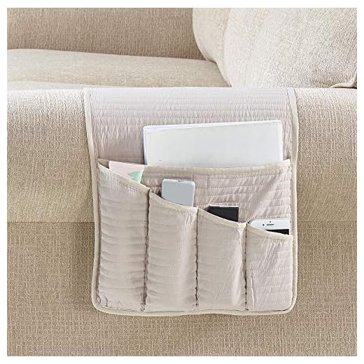 Brilliant Sunshine Premium Beige Sofa Armrest 5 Pockets Organizer, Couch Chair Armrest Caddy, 1/2" Channel Quilted, Storage for TV Remote Control, Phone, Book, Glasses, Magazine, 35"×13", Light Beige