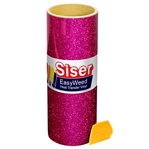 Siser Hot Pink Glitter Iron On Heat-Transfer Vinyl Roll Including Yellow Detailer Squeegee (12 Inch x 12 Inch)