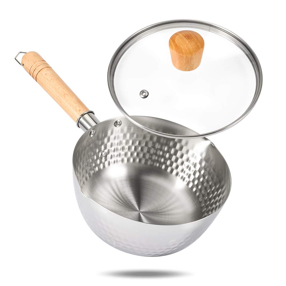 Amytalk Yukihira Pan Japanese Yukihira Saucepan with Glass Strainer Lid Sauce Pot Cooking Pot Stainless Steel Diameter 7.1 inch, 1.7 Quart