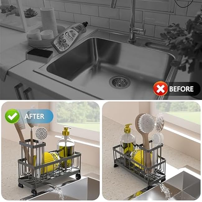 Sponge Holder for Kitchen Sink, Sink Caddy Organizer,Kitchen Essentials for Countertop-Self Drain Sponge Rack,Soap Dispenser Storage,Rustproof Stainless Steel,High Brush Holder,Grey
