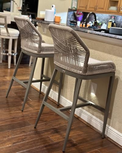 Image of PURPLE LEAF Bar Stools Set of 2 Outdoor Bar Height Metal Tall Chairs Modern Wicker Woven High Barstools 30 inch with Back Patio Dining Bar Stool Chairs