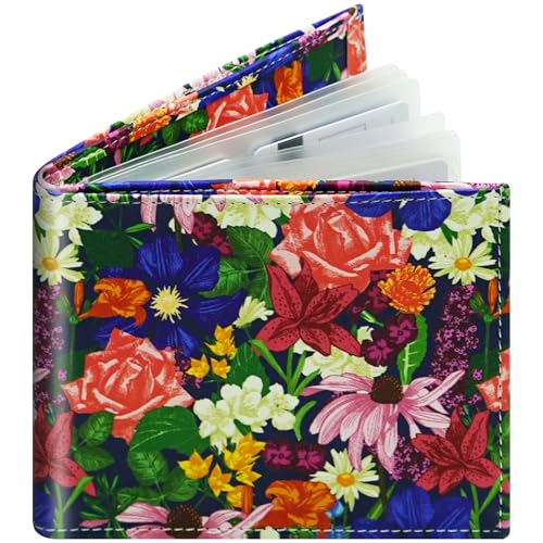 RFID Blocking Leather Wallet for Men Women, Bifold Multifunctional Card Holder Wallet with 12 Card Slots and Large Cash Pocket, Stylish Purse with Top Open, Small Photo Album-Flower Garden