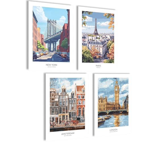mojoliving Bilder Set London Amsterdam Paris New York Poster England Wandbilder USA Aesthetic Poster Retro Wanddeko Wohnzimmer Bilder Badezimmer...