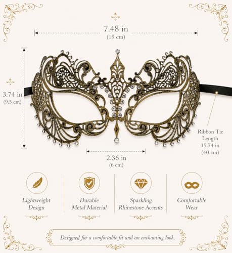 Image of Masquerade Mask for Women with Rhinestones - Elegant Metal Half Face Mask for Masquerade Parties, Mardi Gras, & Themed Events
