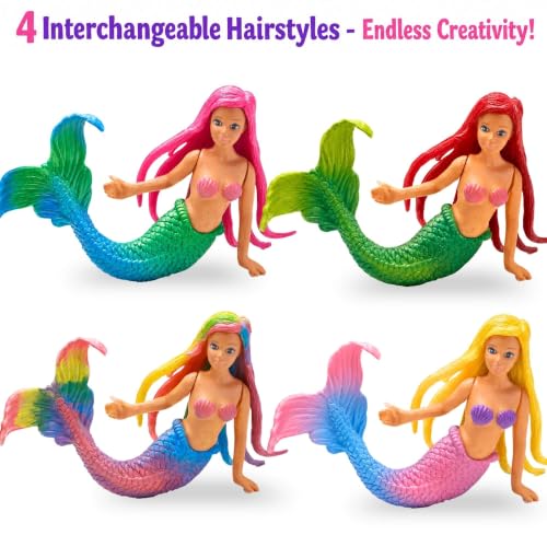 Image of SOLDAY Mermaid Unicorn Paint Kit for Girls - 4 Hairstyles, 4 Figures Set | Includes 2 Mermaid princess, 2 Unicorn figurines for Girls ages 3+, Mix and match hair game for a Ceative craft party gift